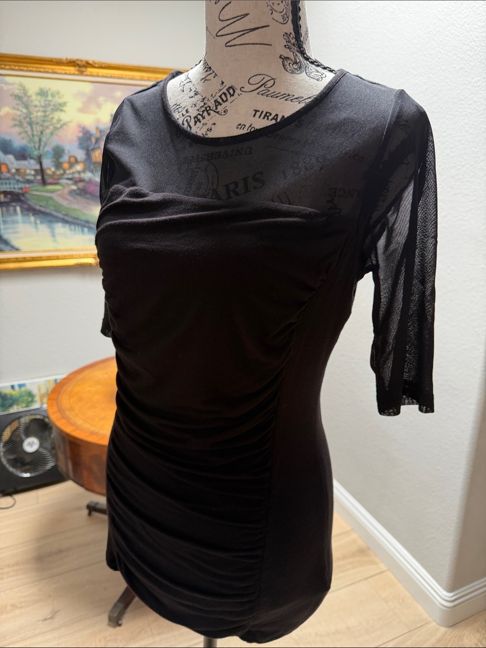 INC International Concepts Black Ruched Mesh Sleeve Top